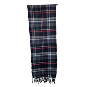 100% Cashmere British Made Black Red Tartan Plaid Fringe Rectangle Scarf
